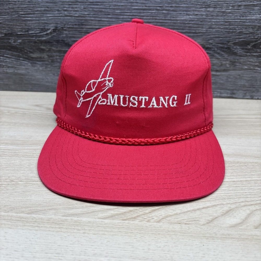 Vintage Mustang II Hat Strap Back Red Airplane Aviation Rope Planes Embroidered